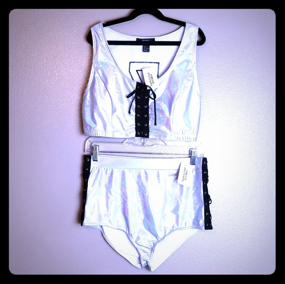 NWT Forever 21 Metallic Silver Two Piece Suit